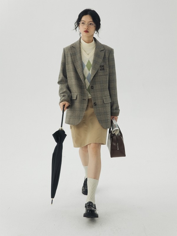 オモントエッグタルトホームレトロチェック柄スーツジャケットレディース2023秋冬新作ハイエンドコントラストカラーシルエットジャケット
