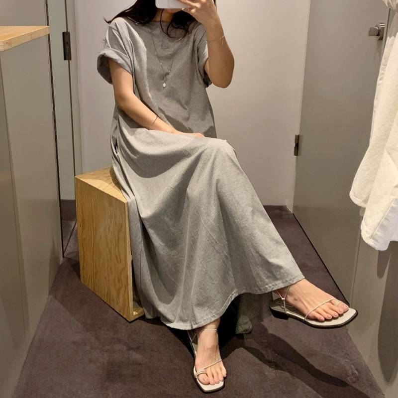 4color ワンピース ロングワンピース ロンT ロング マキシ マキシ丈 Aライン フレア 半袖 ショートスリーブ ラウンドネック フレンチスリーブ シンプル 春夏 春 夏 秋冬 秋 冬 ママコー