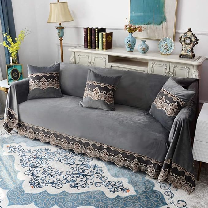 ソファーカバー 3人掛け 肘掛け付き/肘掛けなし グレー 200x300cm 欧風 エレガント レース 新生活 長方形 マルチカバー ソファー保護カバー ベッドスプレッド ヒーター キルト 厚手 洗え