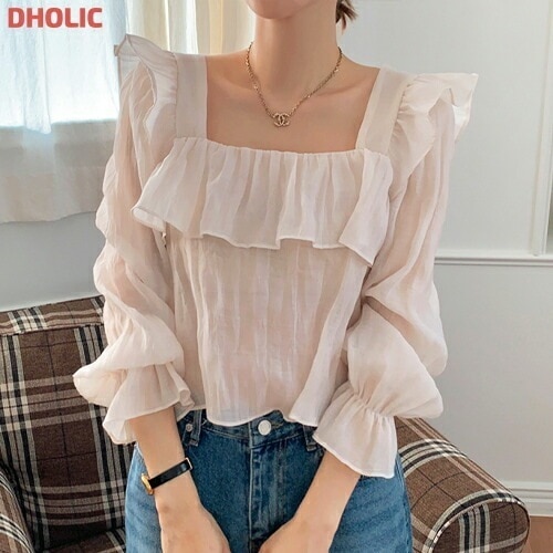 [メガ割りSALE]スクエアネックフリルプリーツブラウス