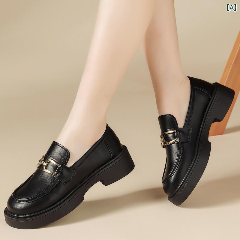 レディース シューズ 春 厚底 ローファー ブラック 英国 小さい 革靴 シンプル 小さい 靴
