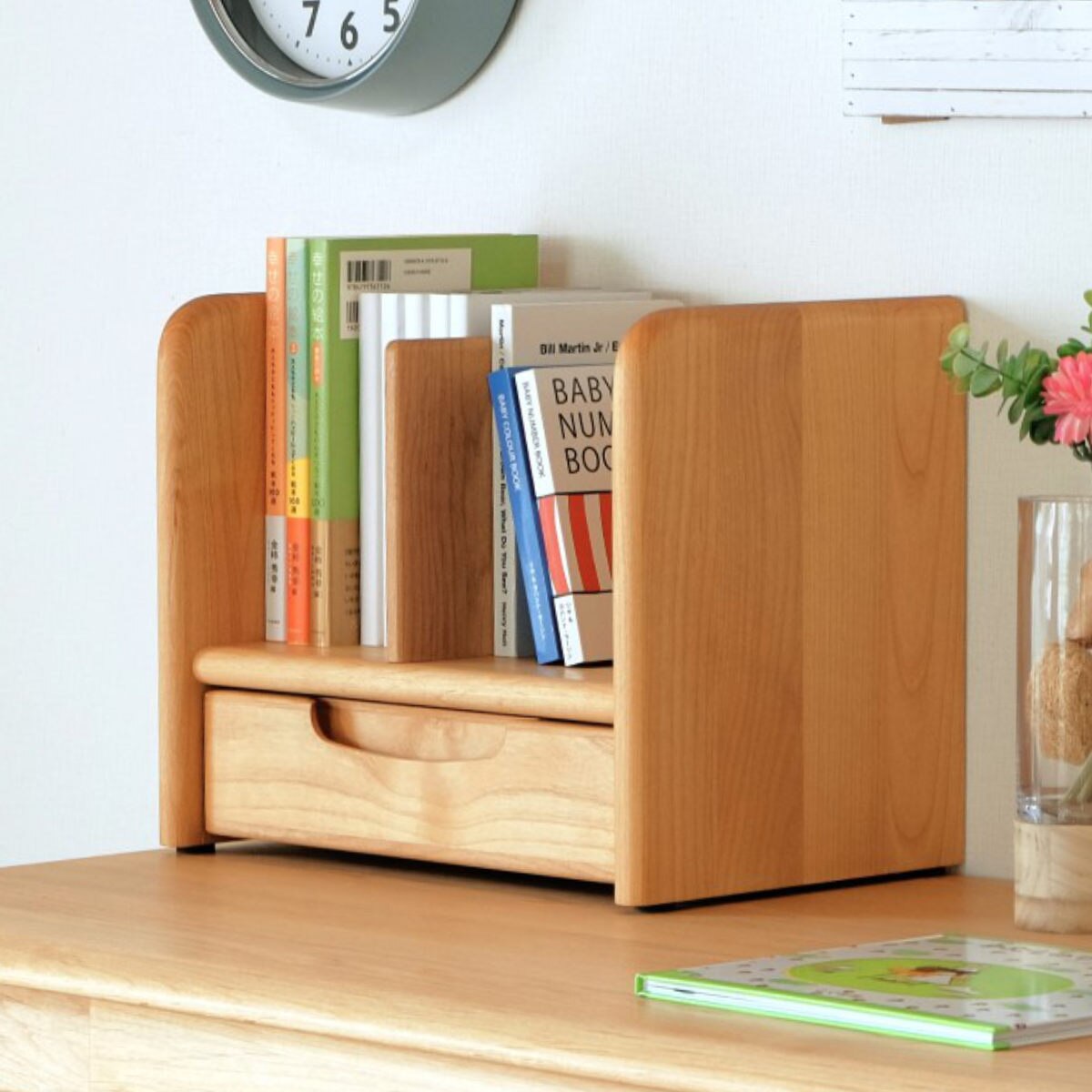 ブックスタンド 幅35cm 木製 天然木 子供用 キッズ 本たて デスク 収納 卓上 仕切り 小物収納 机上収納 引き出し コンパクト デスク周り 整理 シンプル 学習机 無垢