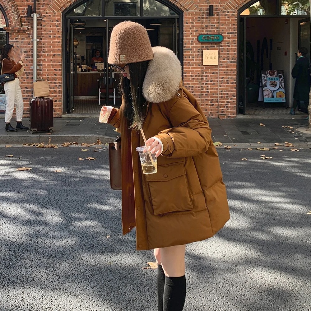 23 ホワイトダックダウン ラージファー襟ダウンジャケット レディース ミドル丈 ウエスト 暖かい 作業着 ジャケット