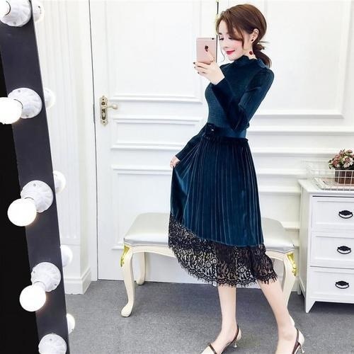 1358. ベルベットプリーツドレス（ブルー） 2019 パーティー レストラン お呼ばれ ディナー 女子会 フォーマル