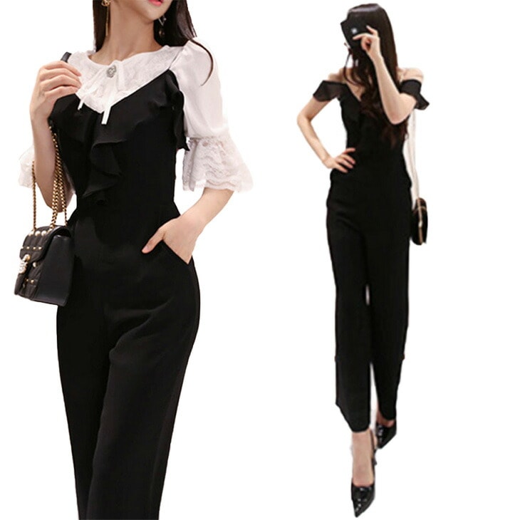 オールインワン 黒 S 即納 パンツドレス セットアップ パンツスーツ 2点セット 7277976 フリル フレアスリーブ ストレッチ レース オフショルダー
