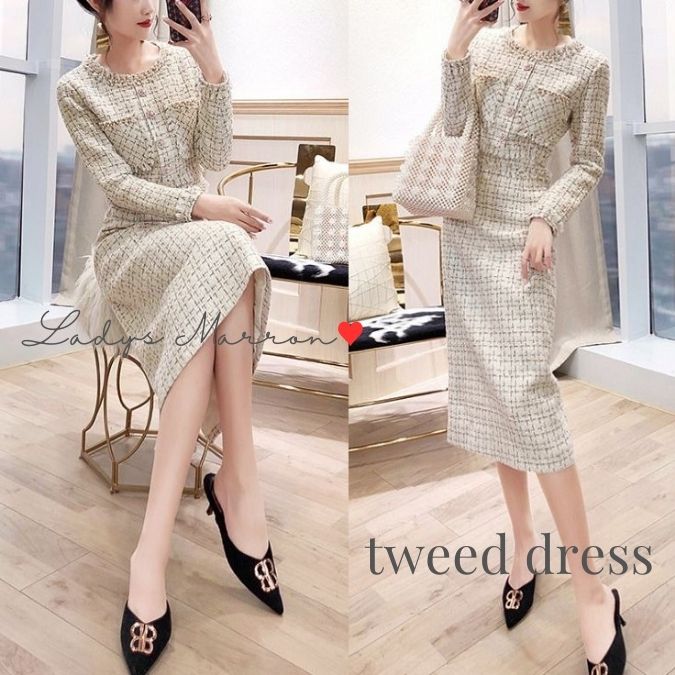 ツイードワンピース入学式卒業式入園式卒園式ママスーツ可愛いフlォーマル韓国成人式チェック柄長袖ひざ下丈ミディ丈おしゃれ大人可愛い謝会セレモニー母親ママ上品きれいめレディース大きいサイズアイボリー