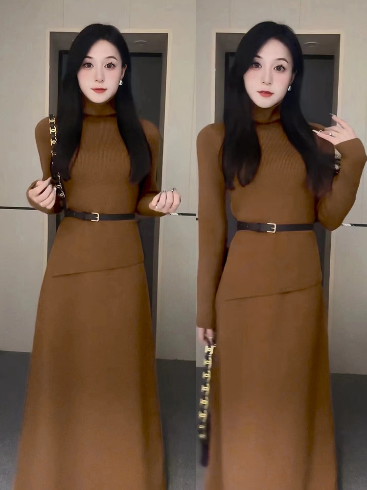 ニットジャンパードレス子供の深い秋と冬2024新しい小さな香水の風は摩耗の高レベルのセンスのセット全体を着用してください