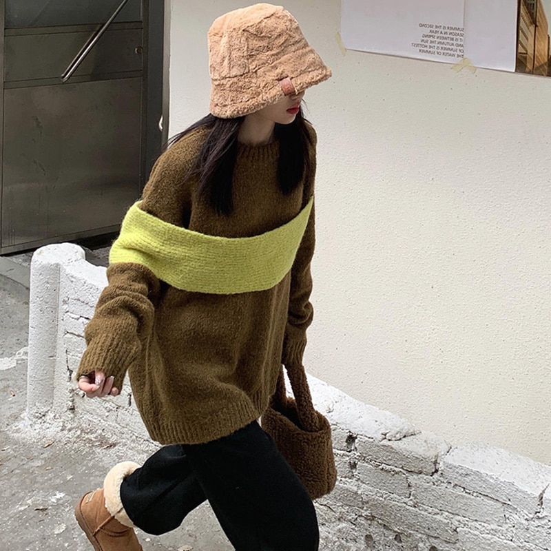 配色プルオーバーニット セーター バイカラー ニット レディース 秋冬 厚手 アウター プルオーバー ゆったり 高級感 オーバーサイズ ２カラー D407