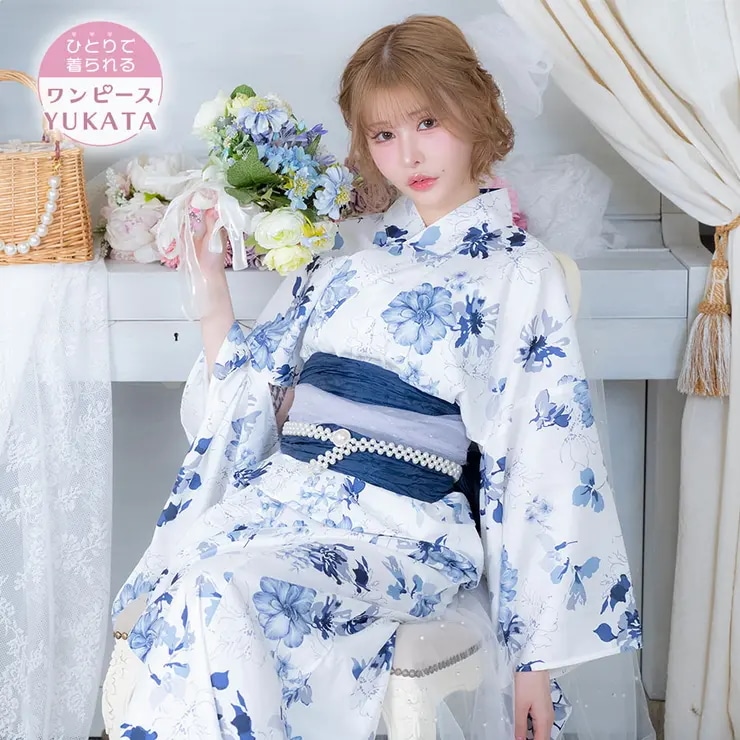水彩ニュアンスフラワー柄ワンピース浴衣3点セット sweet浴衣 ガーリー浴衣 レディース浴衣 セットアップ セパレート ワンピース 兵児帯 ホワイト×ブルー 戦慄かなの Tika ティカ
