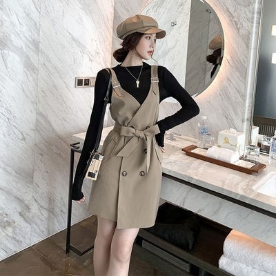 ジャンパースカート オールインワン ウエストリボン ラップ ミニ丈 Vネック ダブル ハイウエスト