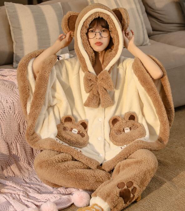 パジャマ　寝巻き　マント　上下セット　モコモコ　厚手　秋冬　ルームウェア　部屋着　フード付き　可愛い
