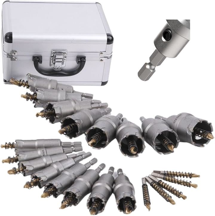 インパクトドライバー対応 六角軸6.35mm超硬ホールソーセット 16本セットステンレス 木工 鉄鋼用 電工 日本企画高級アタッシュケース付き(インパクト用16本セット：16～32mm)