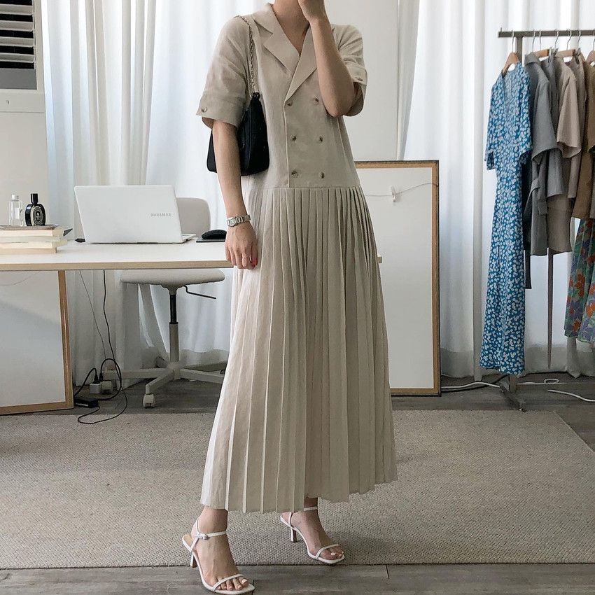 ロングワンピース韓国ファッション レディース 半袖フレアワンピ韓国のシックな気質レトロolダブルブレストフレンチプリーツ緩い長袖半袖ドレス ロング丈 半袖ロング マキシ丈ワンピ 今季一番 Www Quartzhotel Mx