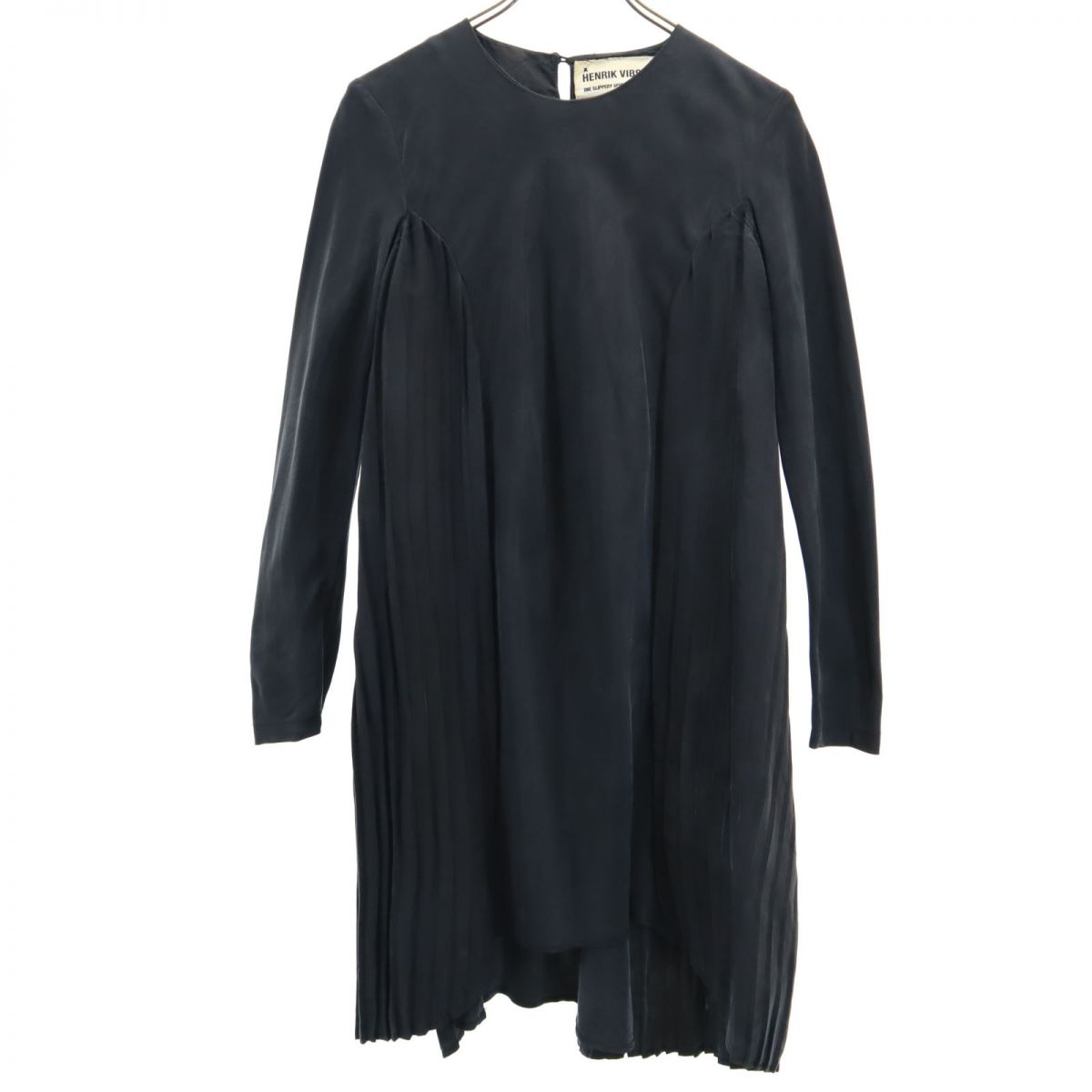 シルク100％ 長袖 サイドプリーツ 膝丈ワンピース S ネイビー レディース