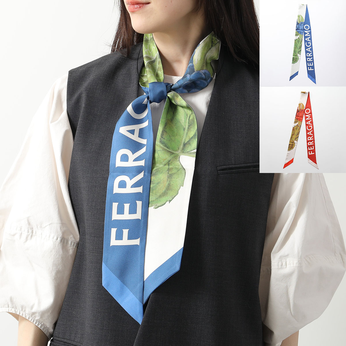 FERRAGAMO フェラガモ スカーフ 32 0826 レディース ツイリー シルク リバーシブル ロゴ カラー2色
