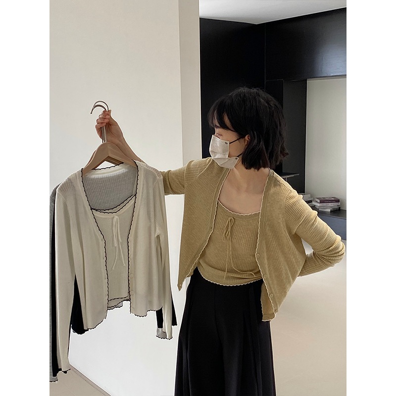 ボウキャミソール＋長袖ニットカーディガン2点セットu887