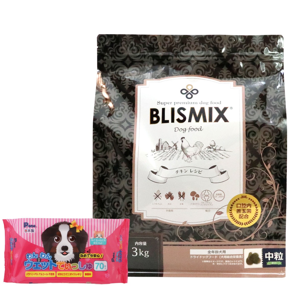 チキンレシピ 中粒 3kg【わんわんウエットてぃっしゅ1個付き】