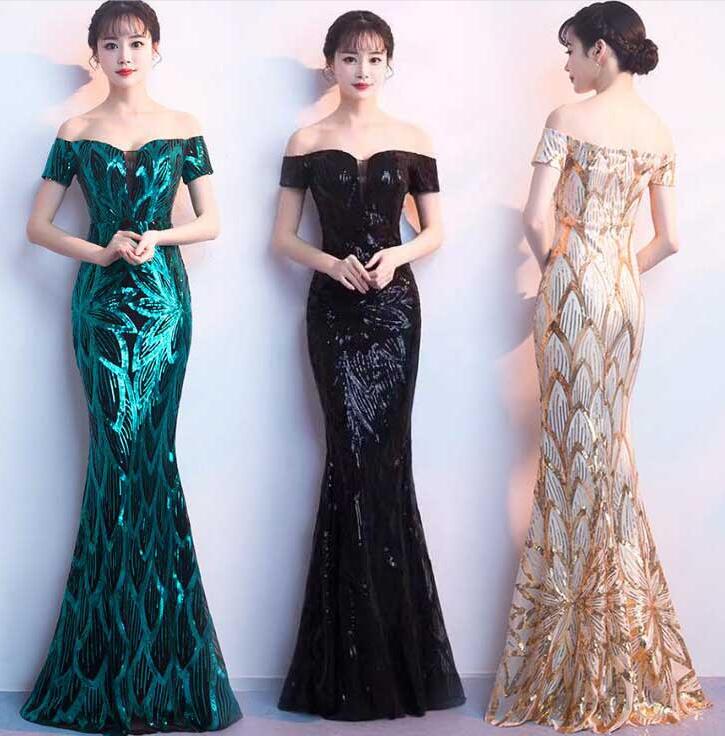【急速出荷!】半袖 オフショルダー イブニングドレス マーメイド パーティードレス 大きいサイズ ロングドレス キラキラドレス スパンコール タイトワンピース ヒップラップ 着痩せ お呼ばれ 結婚式