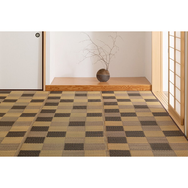81897745 裏付き 市松柄 い草カーペット うしお 江戸間4.5畳 261×261 ブラウン メーカー直送