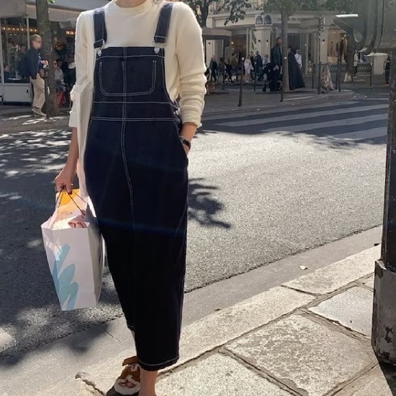 ジャンパースカート サスペンダーワンピース レディース ワンピース オールインワン デニムスカート 膝下 ロング 袖なし ストレート ポケット ブルーデニム カジュアル おしゃれ かっこいい レトロ