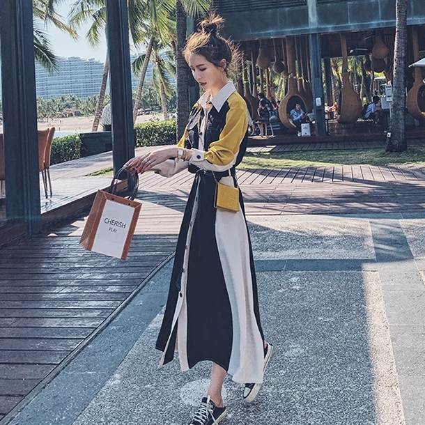 お安く提供ワンピース レディース ロング丈 マキシ丈 春 秋 マルチカラー 長袖 襟付き ボタン シングルブレスト Aライン ポケット S M L XL カジュアル レトロ かわいい キュート おしゃ