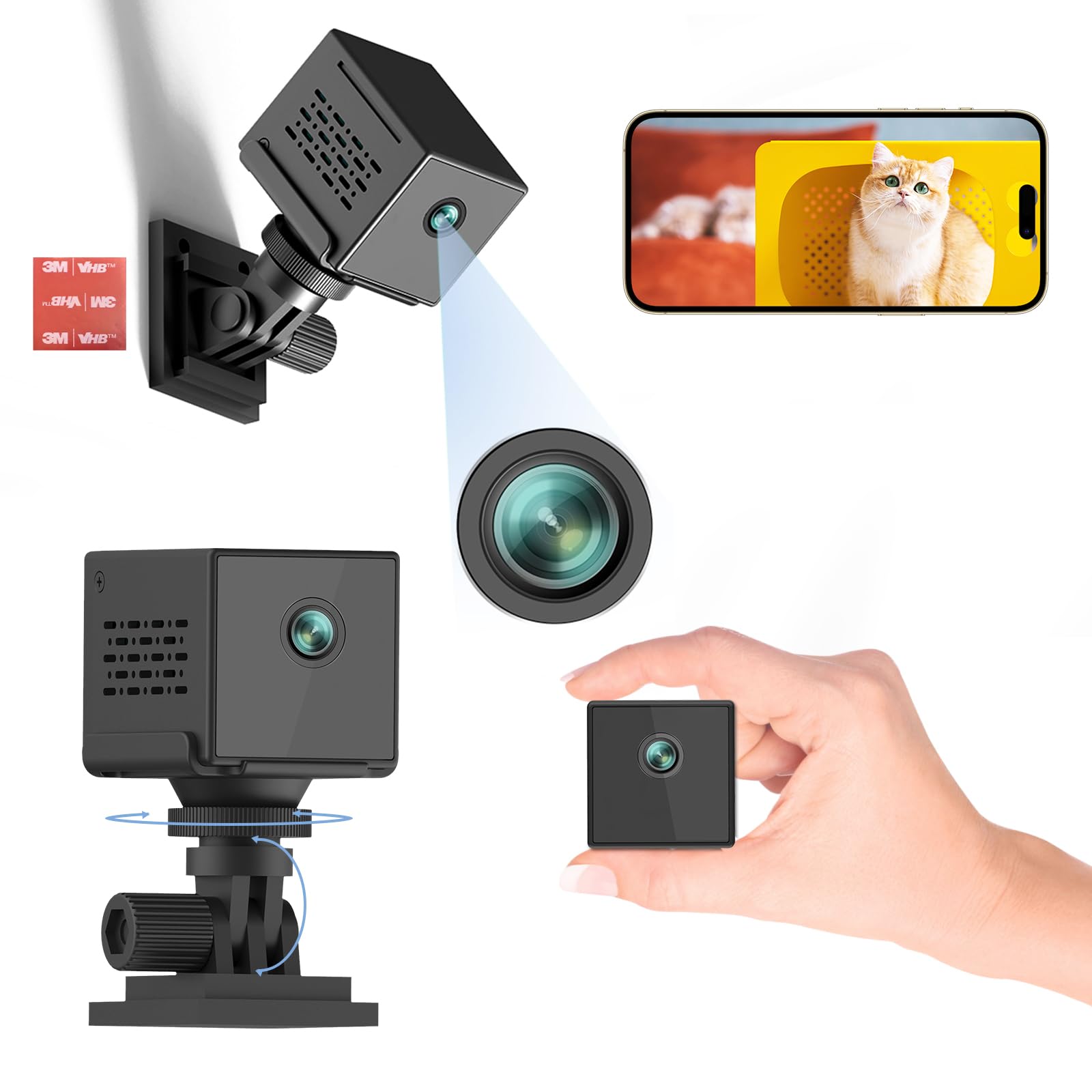 【180回転可能の多機能小型カメラ】 Hosiakly 小型防犯カメラ 見守りカメラ 超広角 赤外線暗視 1600mAh大容量 スマホ連動 動体検知 遠隔監視 角度調節可能 wifi/AP/DV接続