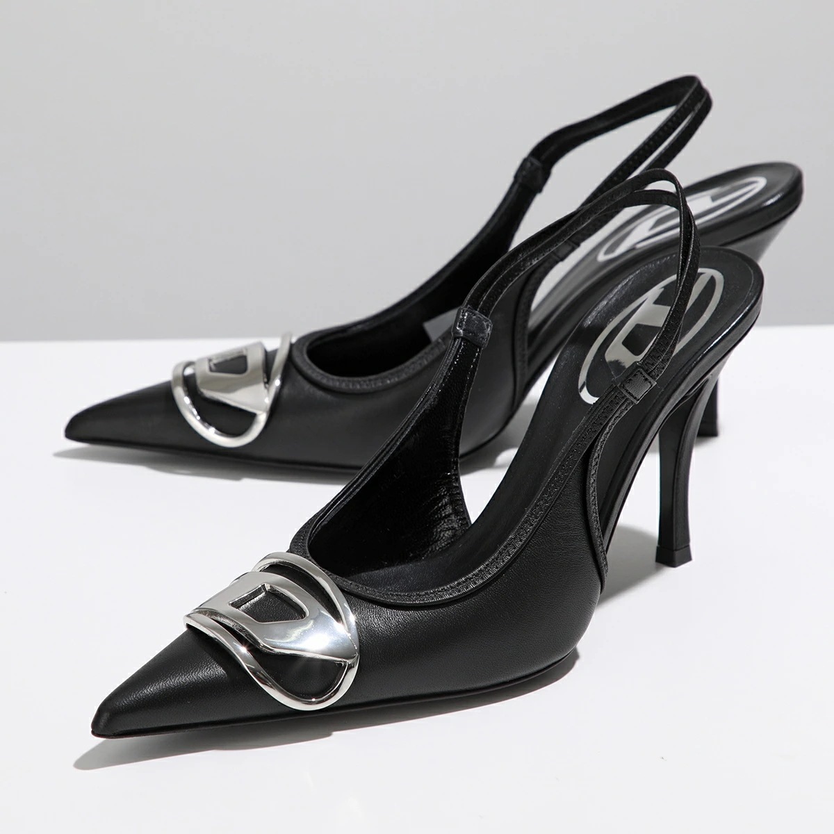 DIESEL ディーゼル パンプス D-Venus Sb Y02985 PR818 レディース レザー ポインテッドトゥ スリングバック オーバルD シューズ 靴 T8013/Black