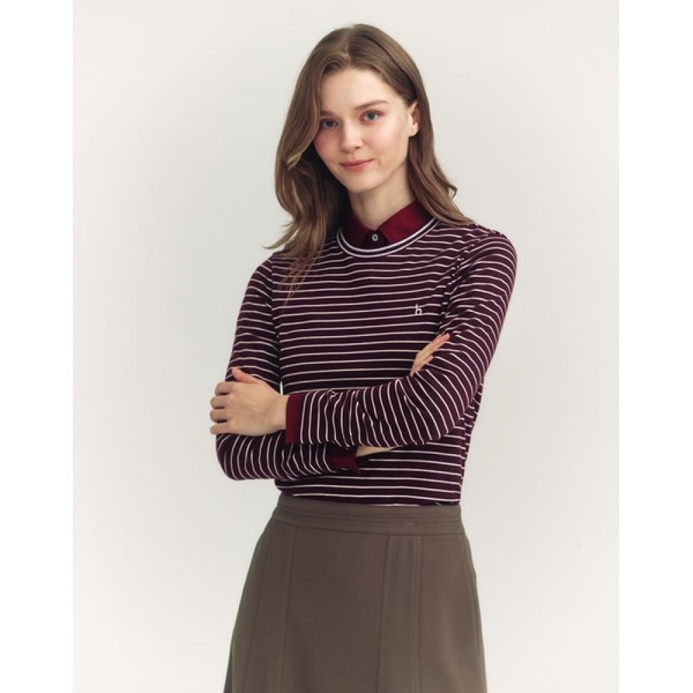 (ヘッジズレディース) 24FW ストライプロングスリーブ T シャツバーガンディー HSTS4CC73D2