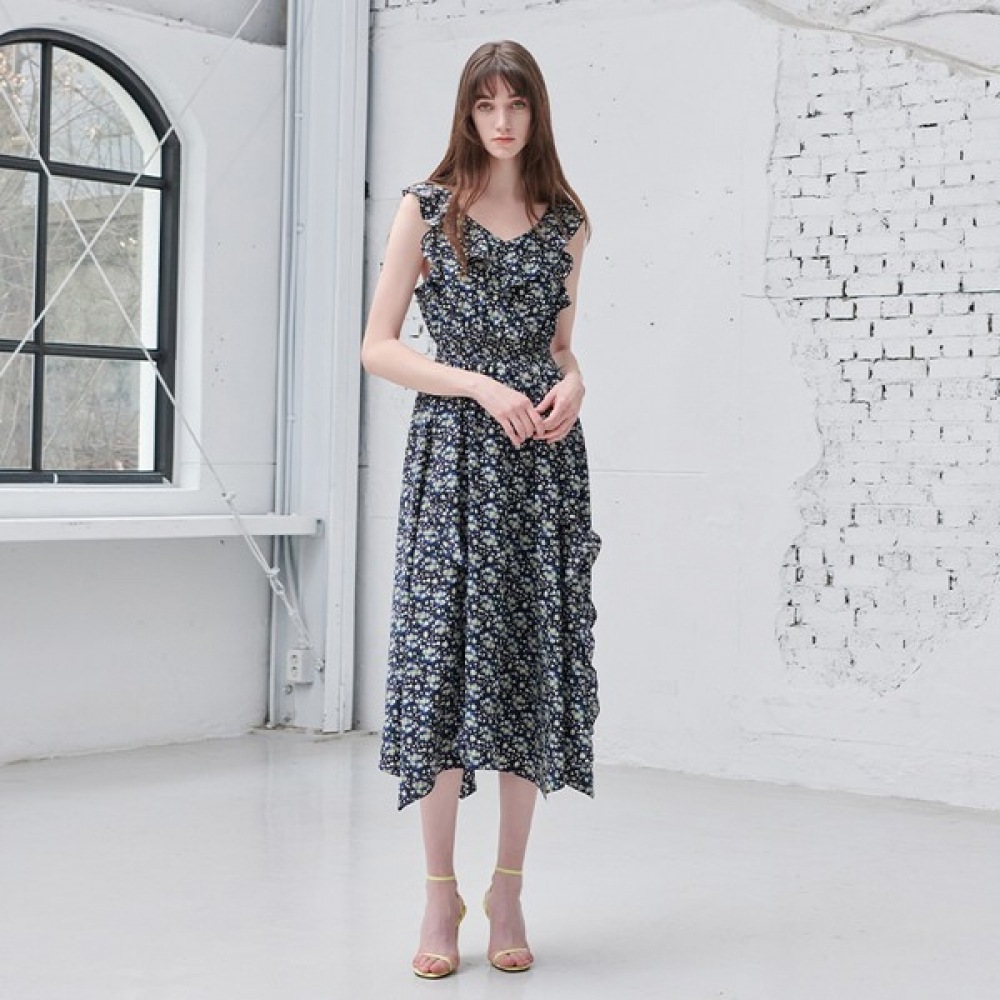 （ニューヨーク訪問）フリルノースリーブ喫煙プリントドレス（VY6OP34）