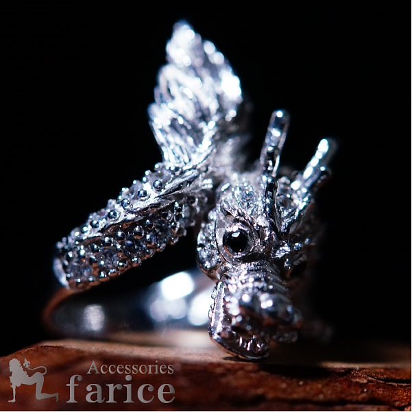 ブラック＆クリアキュービックジルコニア装飾 シャイニングドラゴン ホワイトロジウムコーティング メンズ シルバーリング