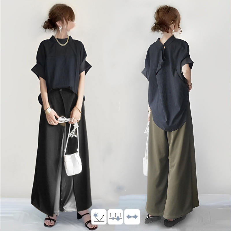 【女性大人気】 ゃ損 シンプル 無地 ラウンドネック Ｔシャツ パンツ 切り替え 配色 2点セット大人カジュアル