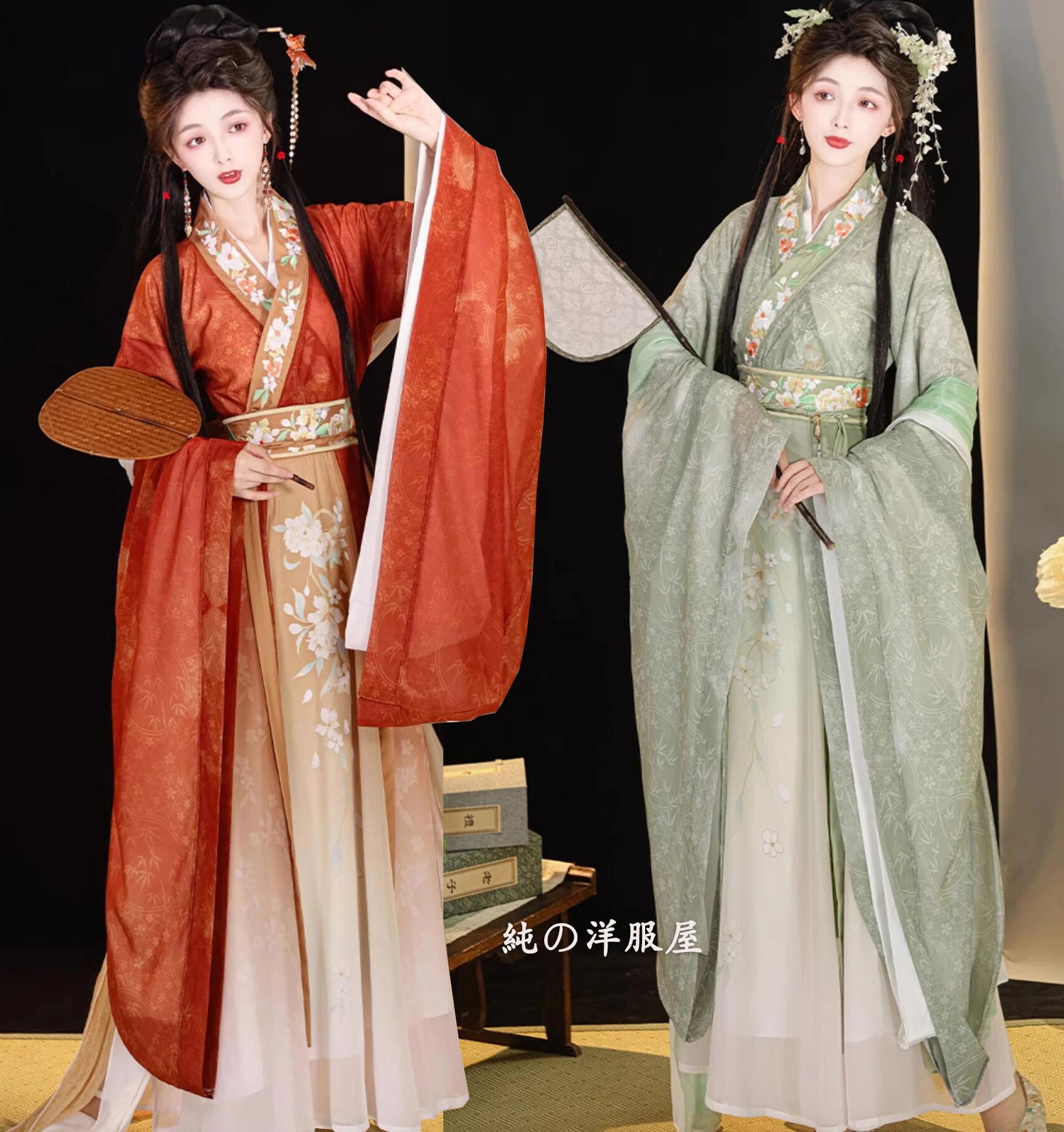 中華コスプレ衣装 漢服 チャイナ服 レディース 大人 中国古代服装 中華 宮廷 時代劇 皇后 貴妃 コスチューム 華やか 振袖 3点セット 披帛（ストール）付き5点セット 花柄 グラデーション 赤 緑