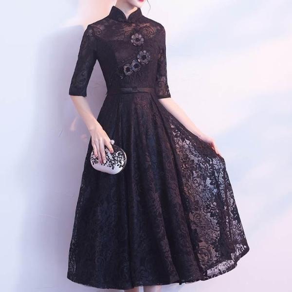 レディースファッション　パーティードレス 膝丈 黒 総レース 袖あり チャイナドレス おしゃれ 結婚式 二次会 お呼ばれ 演奏会 ピアノ