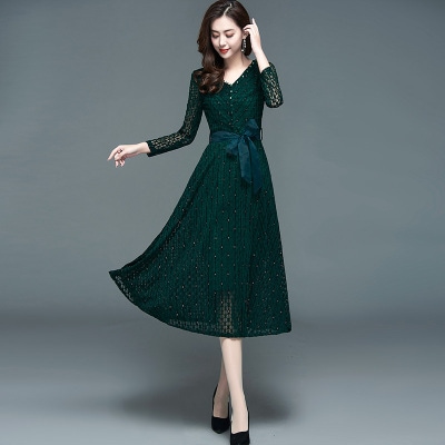 レースワンピース ワンピース フレアワンピース ワンピドレス 膝丈 ひざ丈 袖あり 長袖 Vネック フレア Aライン ウエストマーク ウエストリボン ハイウエスト かわいい 大人可愛い きれいめ