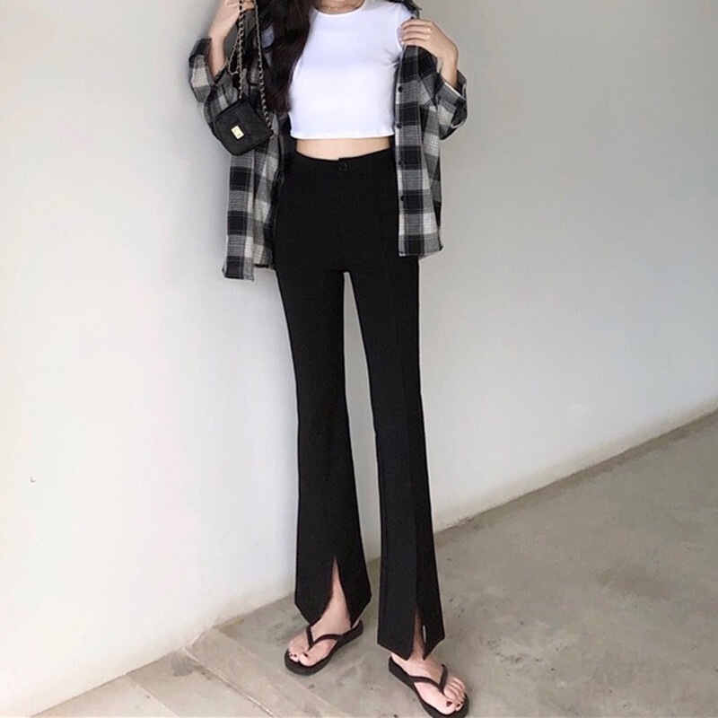 春秋オープンフォークマイクロホーンパンツ女性ハイウエストスキニー黒カジュアル広い脚ズボン パンツ スキニーパンツ 細身 スリット ハイウエスト 大人可愛い きれいめ シンプル カジュアル 大人