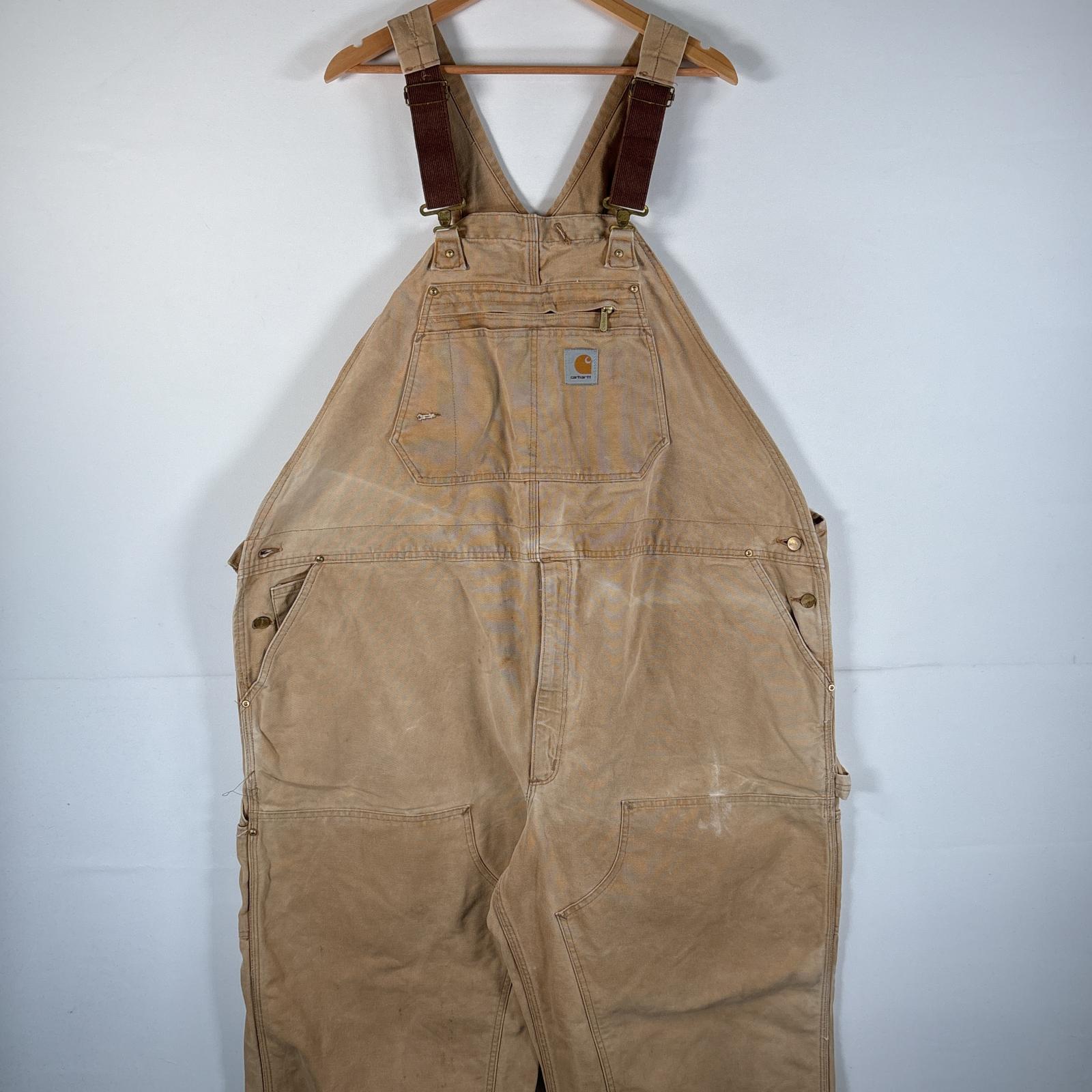 古着 USA製 オーバーオール ダック ワーク ワンポイントロゴ サイドポケット ダブルニー 大きいサイズ ハンマーループ w52 L34 キャメル メンズ