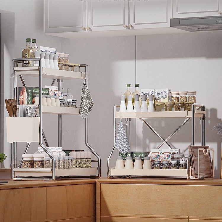 キッチン調味料ラック家庭用カウンタートップマルチレイヤーオイル塩ソース酢ボトル収納ボックス二重層クリームスタイル調味料ラック