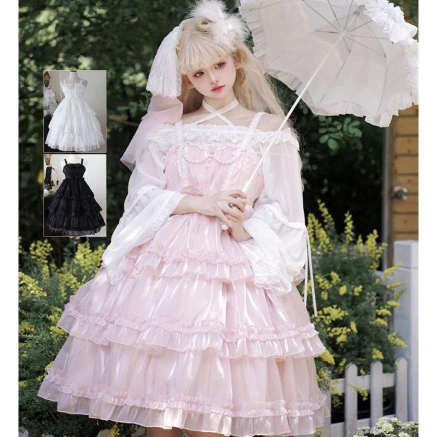 ジャンパースカート ロリータ ワンピース キャミソール 膝丈 ミドル丈 お姫様 フリル 可愛い ゴスロリ ロリータドレス ふんわり 光沢 甘ロリ ロリータ服 レディ30%までに制限 6,781円