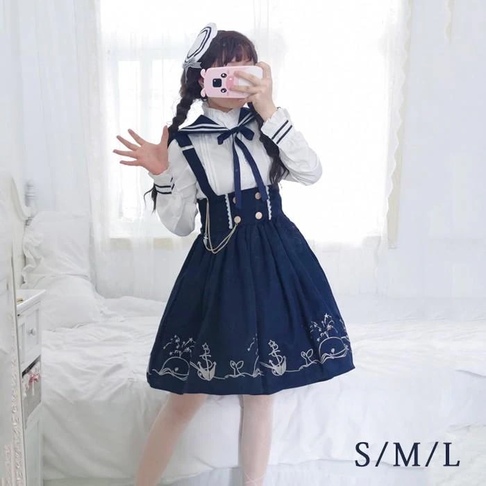 ロリータ セーラー ワンピース Lolita服 コスム ロング 長袖 サスペンダー スカート リボン セーラー襟 コスプレ用 撮影 道具 アニメ ネイビー ホワイト