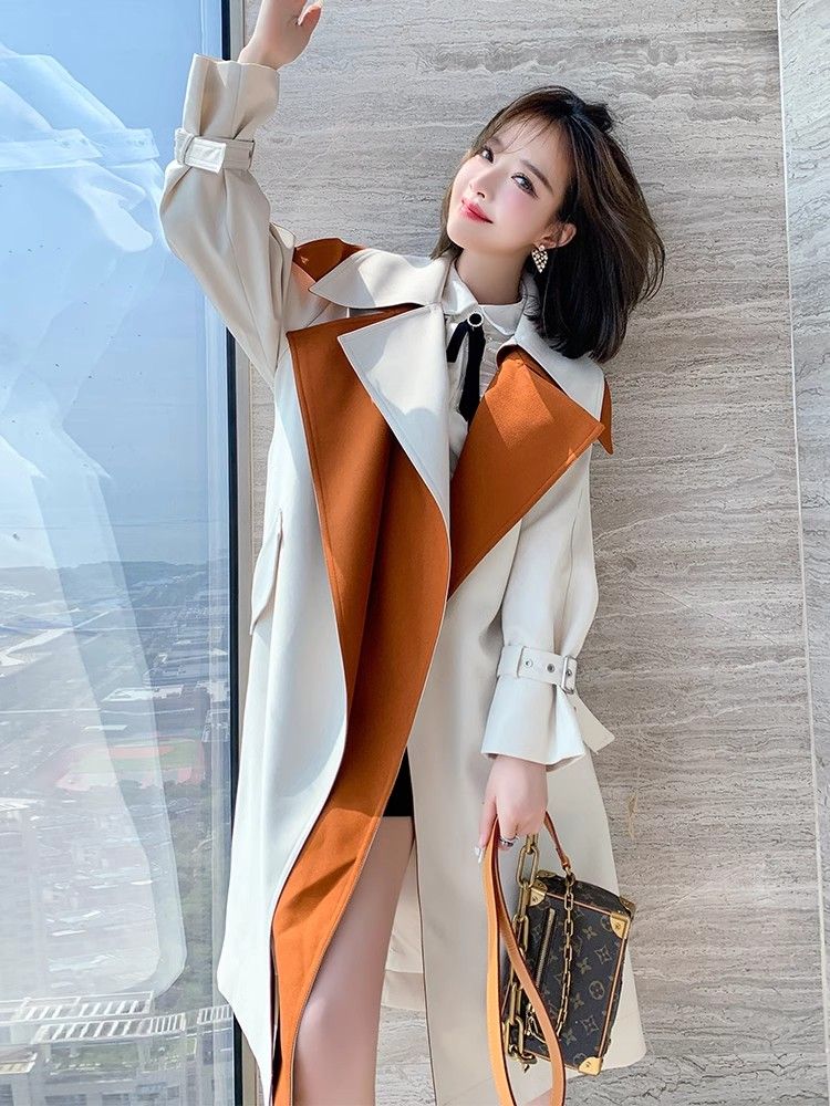 2024新しいヨーロッパのハイエンドコントラストカラースプライシングウエストスリムウインドブレーカージャケットレディース初秋ファッションレトロジャケットトレンド