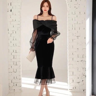 フランス風気質ワンピース2025春 ベルベット 襟 尾 スカート 女性