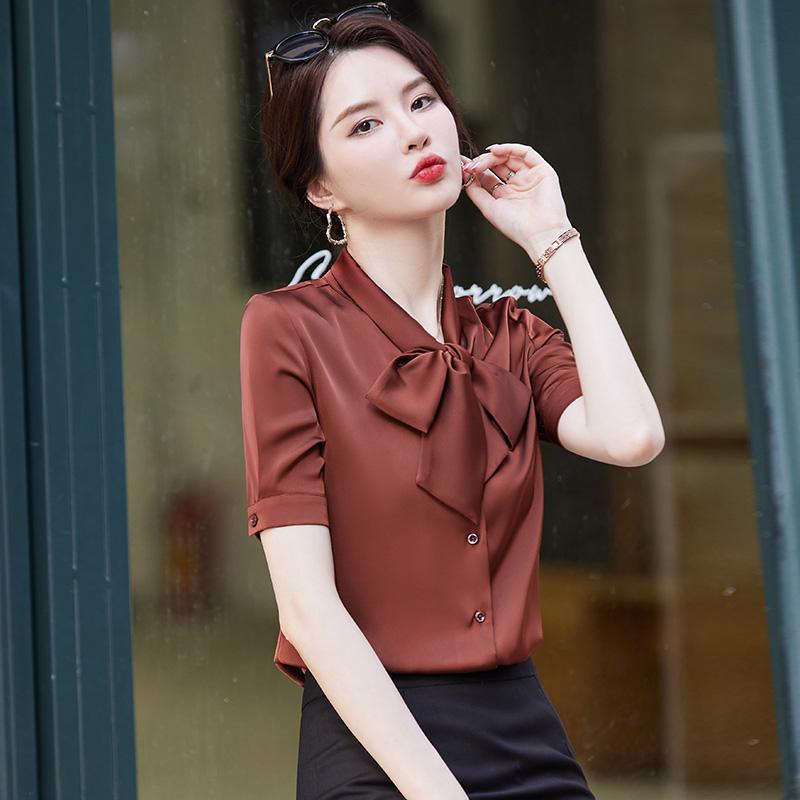 サテン 生地 ブラウス 光沢 シャツ レディース おしゃれ トップス オフィス グレー 白 ワインレッド パンツ セット 長袖 半袖 リボン ボウタイ シンプル 上品 フォーマル 大きいサイズ 秋