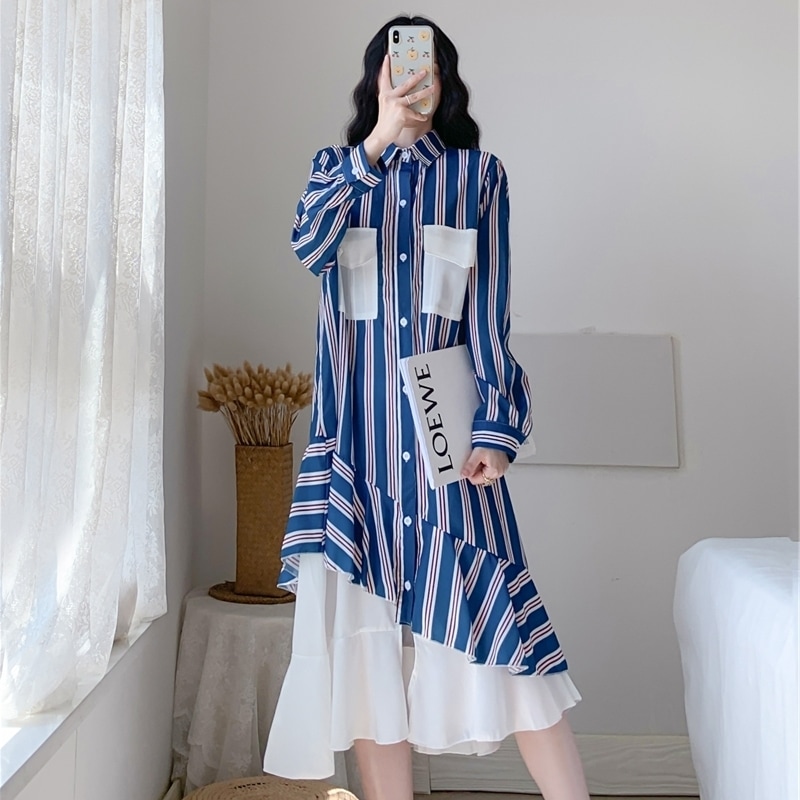 ワンピース レディース シャツワンピース L XL 2XL 3XL 4XL 韓国 長袖 レギュラーカラー フレア スリム Aライン マーメイド 切り替えデザイン シフォン フリル かわいい 大人可愛い