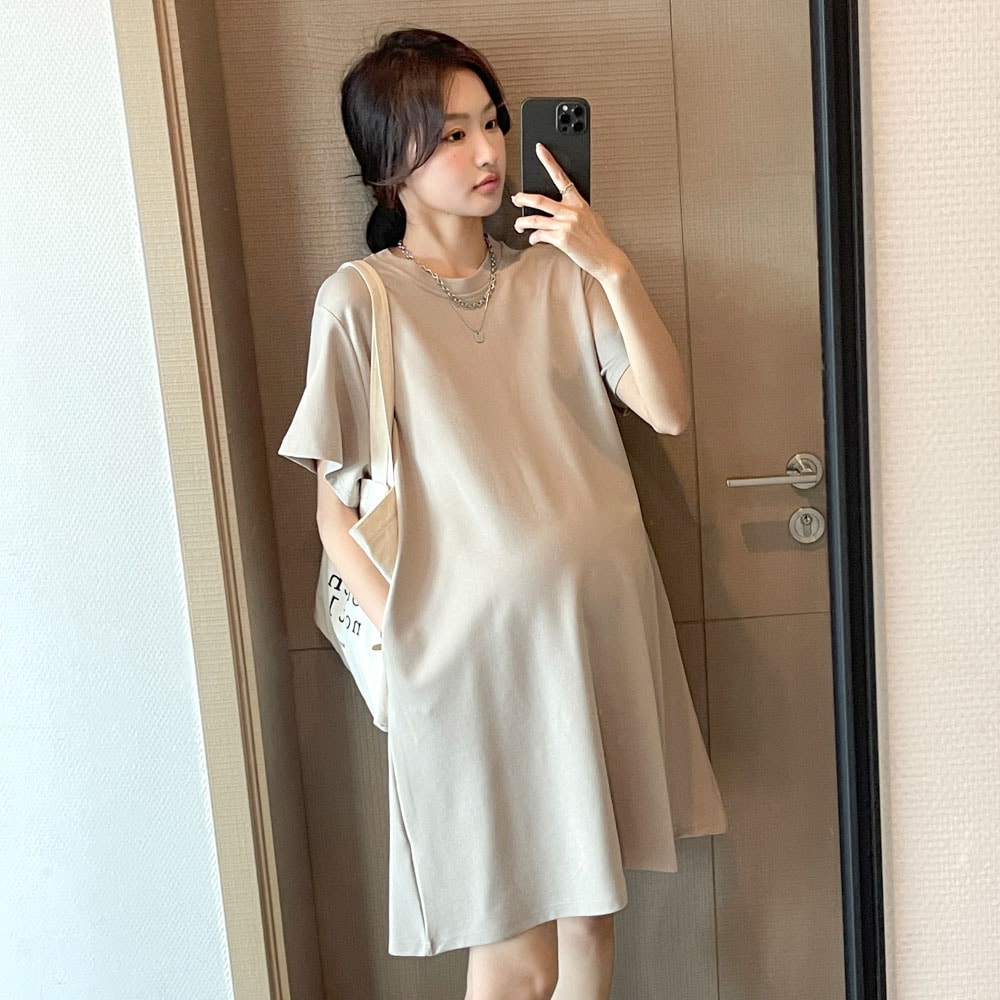 夏のマタニティースカートゆったりオーバースリム丸首ワンピースカジュアル減齢ミディアムTシャツスカート