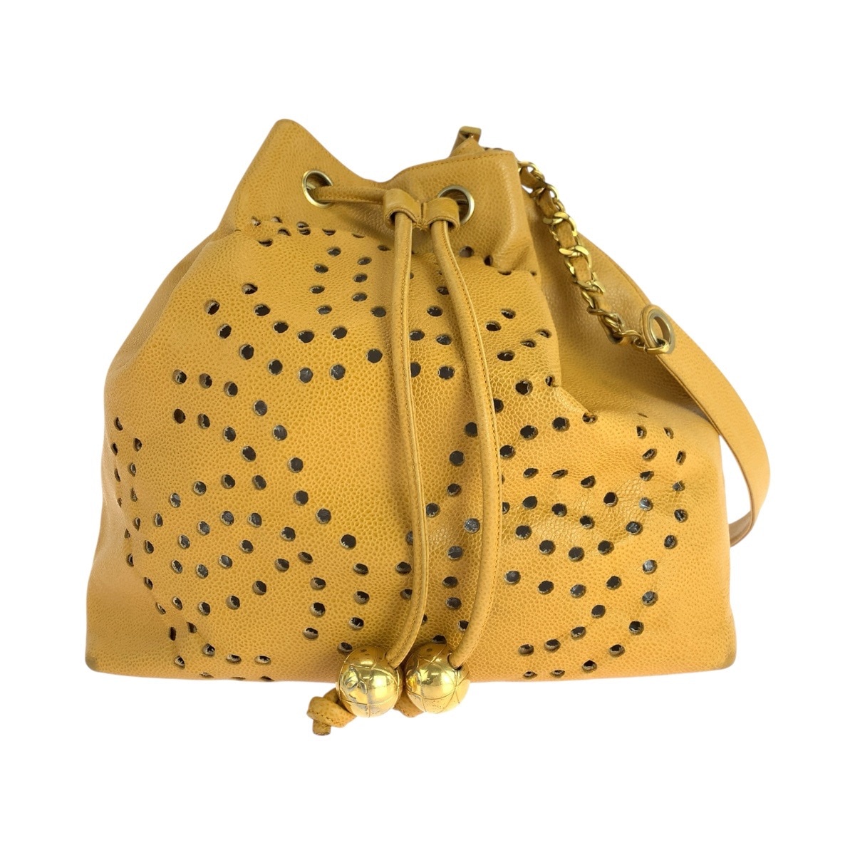 ヴィンテージ パンチング トリプルココマーク イエロー ゴールド金具 キャビアスキン 巾着 ショルダーバッグ レディース 502769