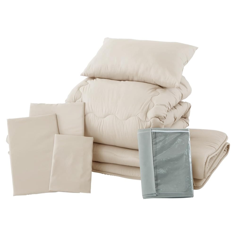 アイリスプラザ 布団セット 7点セット シングル ベージュ 掛け布団 掛け布団カバー 敷き布団 敷き布団カバー まくら まくらカバー 収納ケース付き 来客用 丸ごと洗える 抗菌 防臭 防カビ 中空ポリ