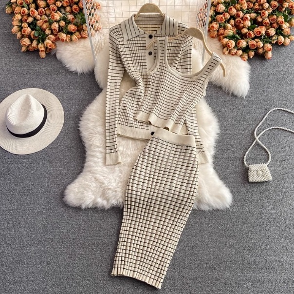 セットアップ 3点セット レディース スカート カーディガン ベスト ノースリーブ 長袖 襟付き タイト スリム ボタン リブ リブニット ニット かわいい 大人可愛い きれいめ カジュアル