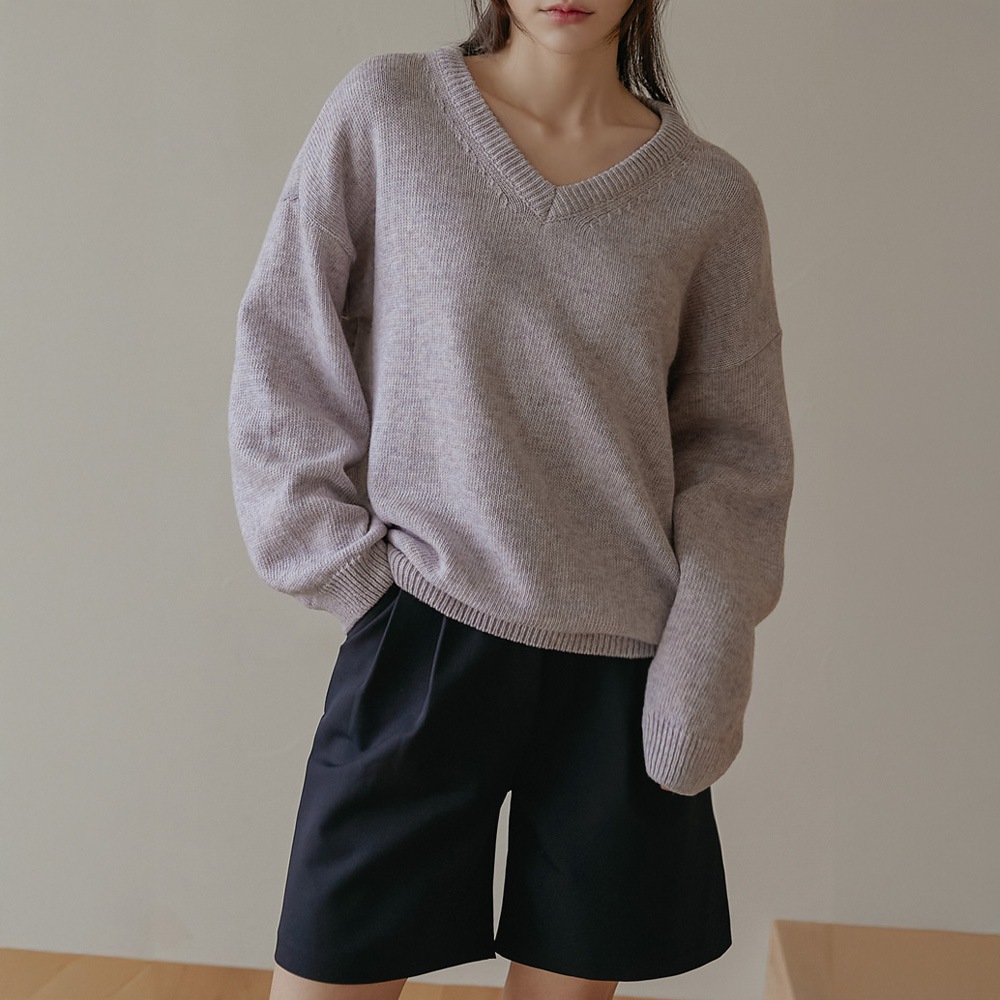 Vネックドロップショルダーニットプルオーバー