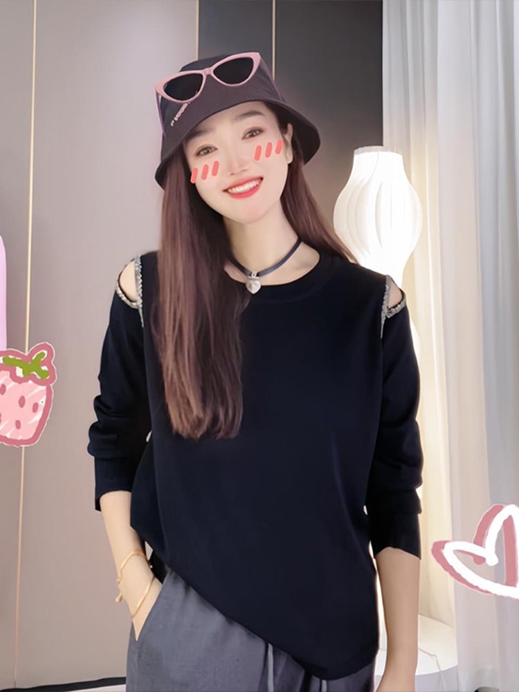 春の新しいストラップレス緩い薄い気質ラウンドネックニットセーター大きなサイズの女性のマイクロ脂肪mmスリーブ長袖ブラウス