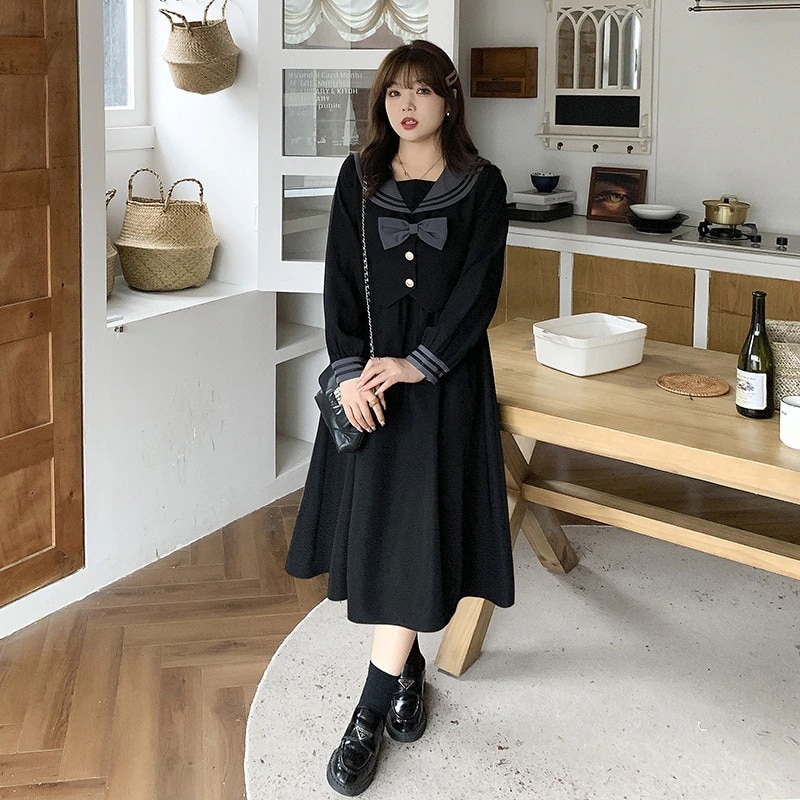 【ぽちゃまに】 2024秋冬新品 学院風 ロングワンピース セーラー服 体型カバー 大きいサイズ レディース セーラーワンピース ワンピース レイヤード メガ割30%制限